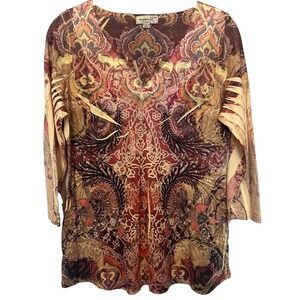 One World Womens Top Medium Petite 3/4 Sleeve Knit V Neck Brown Gold Shirt Tunic